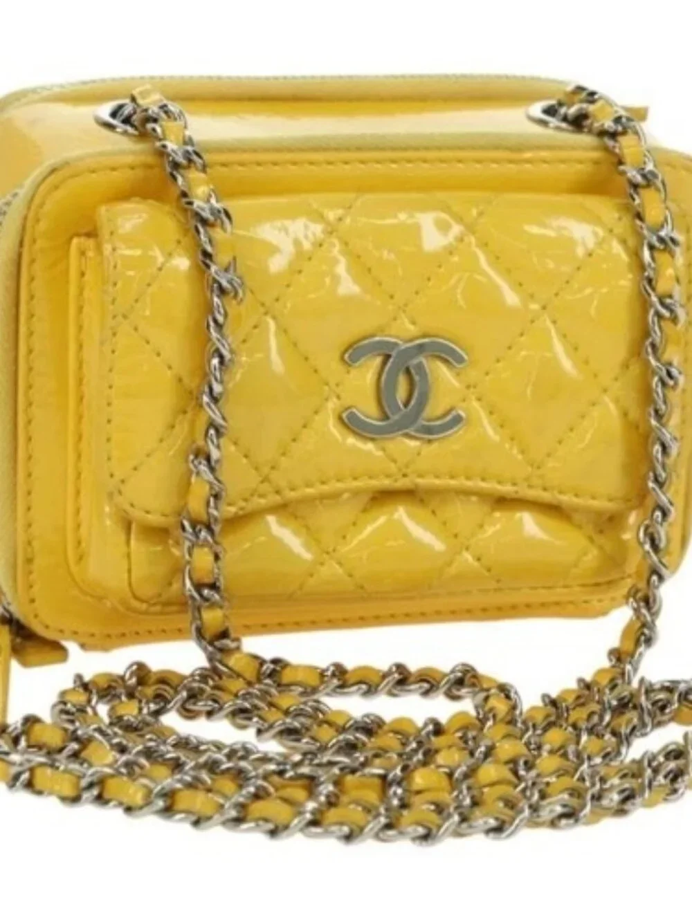 CHANEL Matelasse Chain Shoulder Bag Patent leather Yellow Silver CC Auth 177988V